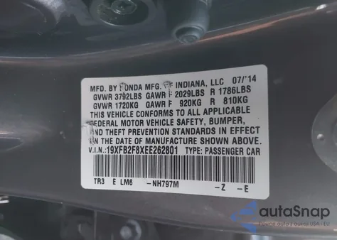 2014 Honda Civic Ex z USA, uszkodzony, nr VIN 19XFB2F8XEE262801